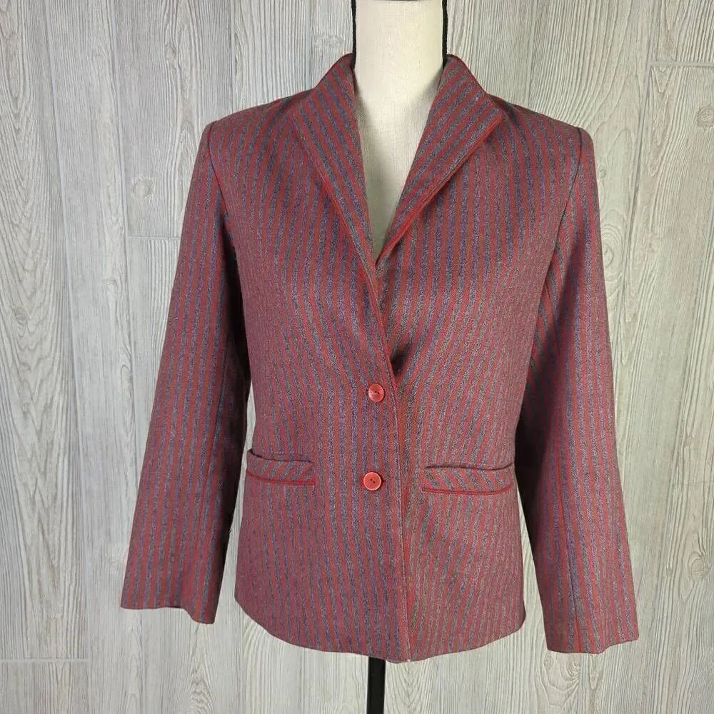 Marnie Womens Size 10 Two Button Closure Suit Jacket Red Blue Pinstripe Pockets